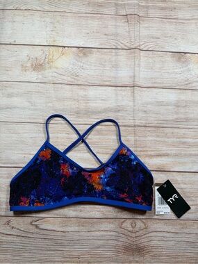 TYR Durafast Women's Blue Multi-Color Strappy Swim Top Sporty, Lap Swim, UPF 50+